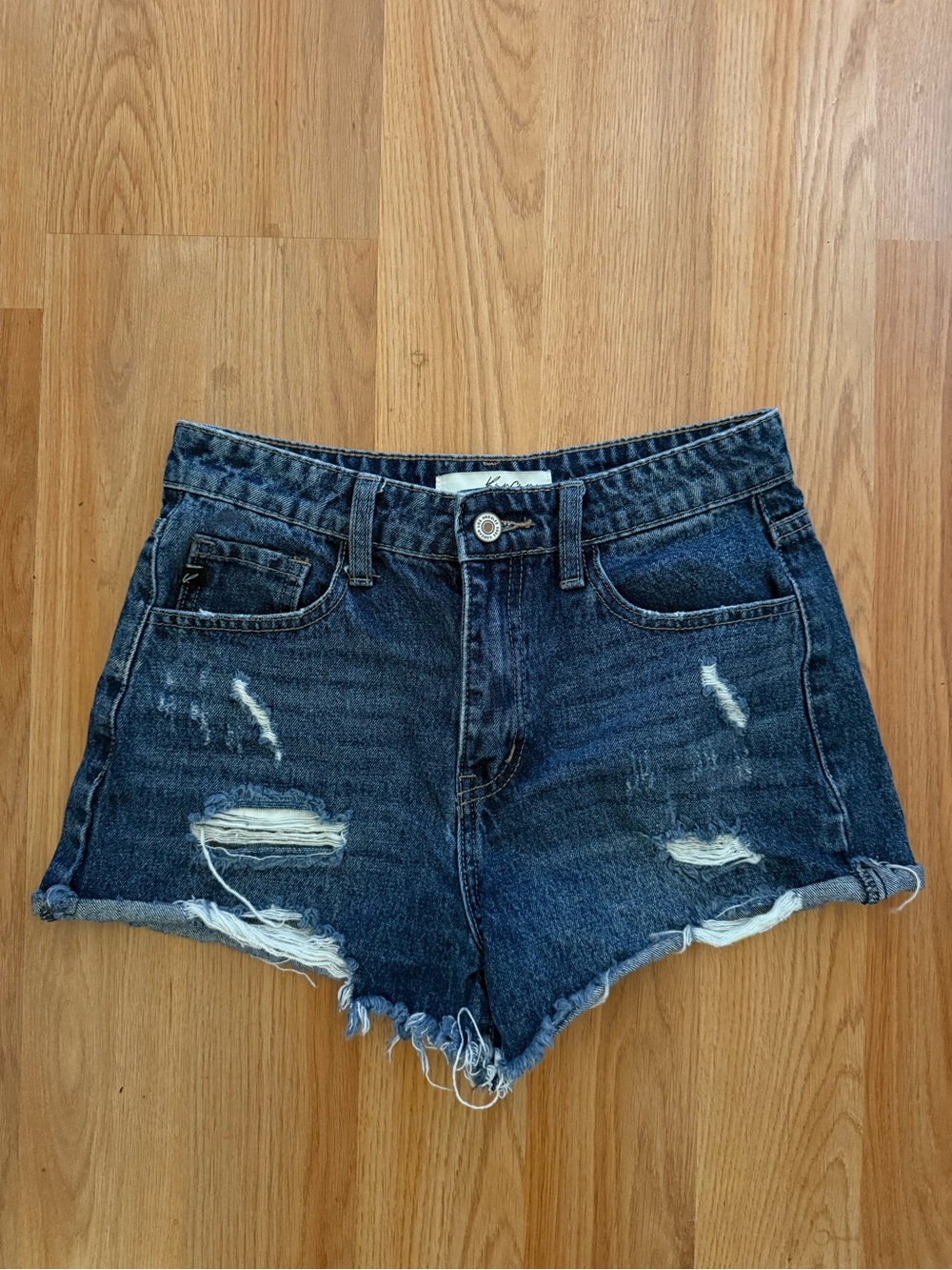 Kancan Denim Distressed High-Waist Shorts - Dark Blue size 3/25